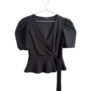 Haute Monde Black Puff Sleeve Wrap Blouse